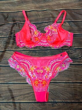 Vamp Pink Floral Embroidered Lace Underwire Sheer Bra & Panty Set 36DD Lingerie
